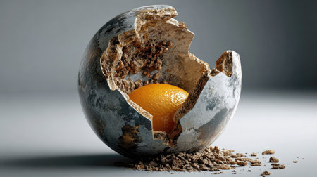 This captivating image features a cracked sphere revealing a bright orange, blending elements of nature and abstract art. The textured surface and subtle shadows enhance the visual intrigue.の素材