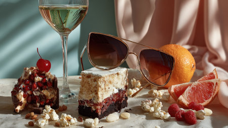 A tempting dessert spread featuring a variety of sweets, sunglasses, and a refreshing drink, captured beautifully on an elegant table. Perfect for a summer vibe.の素材