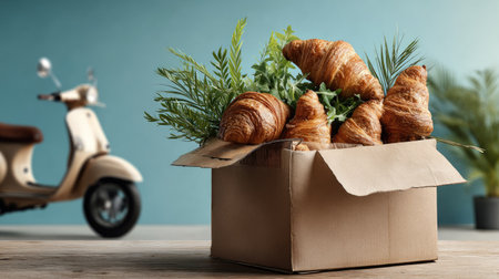 This charming image features freshly baked croissants nestled in a brown box, accompanied by lush green plants and a stylish scooter in the background, perfect for food delivery scenes.の素材