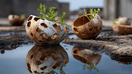 Eco-friendly planting bowls with green plants sit next to still water, reflecting a serene natural landscape, emphasizing sustainability and creativity.の素材