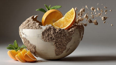 An artistic representation of the Earth using a bowl of sand adorned with vibrant orange slices, showcasing creativity and a fresh, tropical vibe.の素材