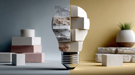 A striking conceptual image of a light bulb crafted from diverse materials, symbolizing creativity and innovation in modern design.の素材