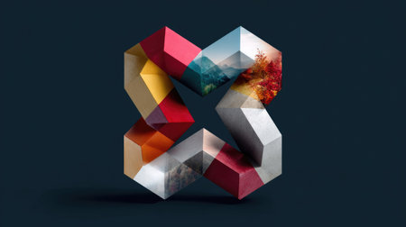 This captivating abstract geometric sculpture combines vibrant colors and nature imagery, ideal for modern design concepts and creative projects.の素材