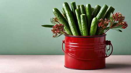 A vibrant arrangement of fresh cucumbers in a red metal container with floral accents. The soft green background adds a refreshing touch, perfect for culinary inspiration.の素材