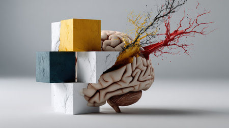 This captivating abstract artwork illustrates the synergy of creativity and thought, featuring a brain surrounded by geometric shapes and colorful splashes, symbolizing innovation and artistic expression.の素材
