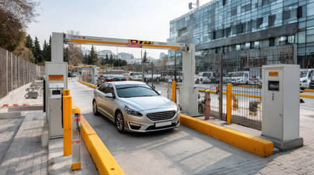 A sleek silver vehicle approaches an automatic gate in a modern parking lot. This image showcases contemporary parking infrastructure and urban design elements.の素材