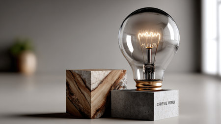 An elegant vintage light bulb illuminated beautifully atop a textured pedestal showcases modern minimalistic design in soft natural lighting, creating warmth and charm.の素材