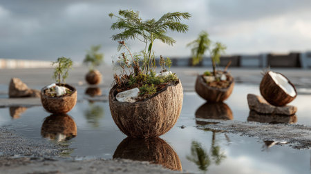 Discover unique eco-friendly planters crafted from coconut shells, showcasing vibrant greenery against a serene beach backdrop, symbolizing sustainability.の素材