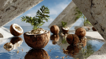 A captivating scene of coconut shells containing fresh green sprouts, reflecting sunlight on a serene surface, showcasing the beauty of nature and growth.の素材