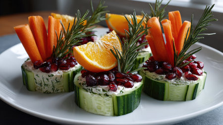 A vibrant and fresh appetizer featuring cucumber slices topped with herb cream cheese, colorful carrot sticks, pomegranate seeds, and citrus garnishes.の素材
