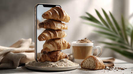 A visually striking composition featuring multiple croissants artistically stacked on a smartphone, complemented by a cup of coffee, capturing the essence of modern cuisine.の素材