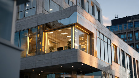 A striking modern office building featuring large glass windows reflecting the stunning colors of sunset. The urban landscape showcases contemporary architecture ideal for business and innovation.の素材