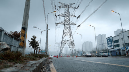 A power transmission tower stands prominently against a cloudy sky, with empty roads and urban buildings. The misty atmosphere creates a moody scene, emphasizing the role of electricity in modern city life.の素材