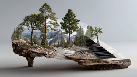 This unique image blends a stunning mountainous landscape with a piano keyboard, creating a harmonious representation of nature and music.の素材