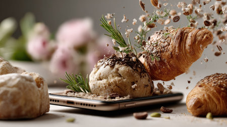 This image features an artistic arrangement of freshly baked pastries displayed on a smartphone, accentuated by scattered ingredients and delicate flowers, evoking a sense of modern culinary art.の素材
