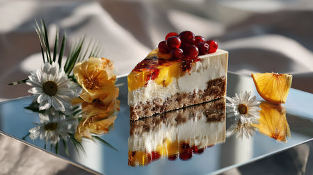 A beautifully presented slice of cake featuring fresh fruits and delicate flowers, captured on a reflective surface with soft lighting.の素材