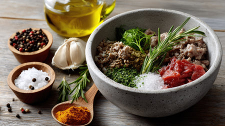 A rustic bowl filled with fresh herbs, spices, and olive oil, showcasing vibrant ingredients ready for culinary adventures. Ideal for food preparation.の素材