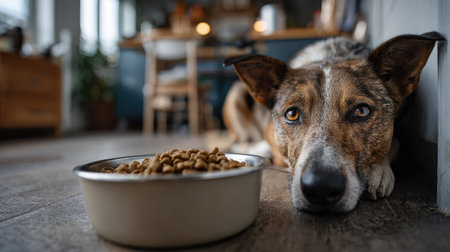 A heartfelt image capturing a sad dog lying next to its food bowl in a cozy kitchen. The dog's emotion and anticipation create a touching moment in a domestic setting.の素材
