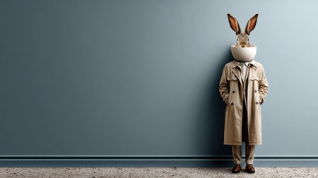 A whimsical character combines human and animal features, showcasing a rabbit head in a trench coat against a serene blue wall, inviting imagination.の素材