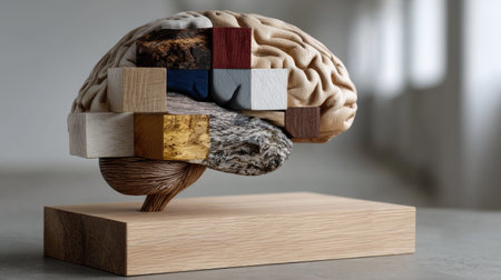 This striking sculpture features an artistic representation of a human brain, constructed with various wooden blocks, symbolizing creativity and thought.の素材