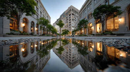 A stunning urban landscape captured at twilight, showcasing elegant architecture reflected in a calm water feature, surrounded by lush trees.の素材