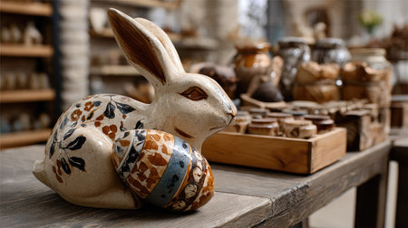 This charming handcrafted ceramic rabbit sculpture, adorned with a decorative egg, adds a whimsical touch to any artisan studio or rustic decor.の素材