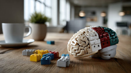 A creative scene featuring a brain model constructed from colorful building blocks, accompanied by a coffee cup on a wooden table in a contemporary workspace, symbolizing innovation and learning.の素材