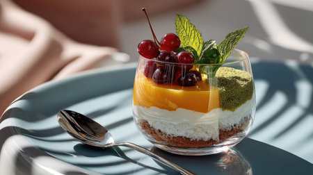 This image showcases a beautifully arranged layered dessert featuring vibrant fruits, creamy layers, and a touch of mint, all presented in an elegant glass.の素材