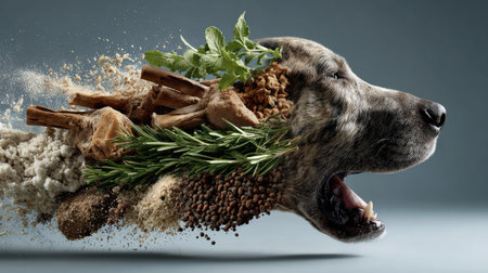 This artistic image features a dog's head creatively merging with various natural ingredients and herbs, symbolizing health and vitality in pet care.の素材