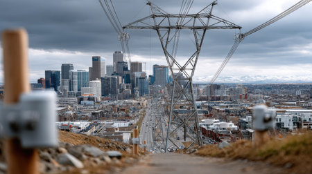Stunning view of a city skyline framed by power lines, showcasing the modern architecture amidst dramatic clouds and distant mountains in an urban landscape.の素材