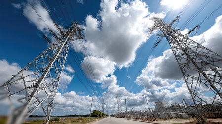 This captivating image showcases towering power lines against a bright blue sky, accentuated by fluffy white clouds, in a tranquil rural setting.の素材