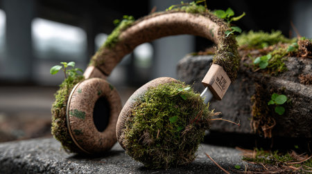 An artistic representation of eco-friendly headphones adorned with moss and plants. This image highlights the harmony between technology and nature in an urban setting.の素材