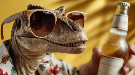 This playful image features a stylish dinosaur wearing sunglasses and holding a refreshing beer bottle, set against a bright yellow backdrop. Perfect for adding humor and creativity to any project related to leisure and summer fun.の素材