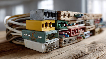 A vibrant arrangement of colorful electrical connectors and cables, showcasing various shapes and sizes against a rustic wooden backdrop. The image captures intricate details and textures ideal for technology and craft themes.の素材