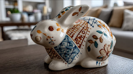 This charming decorative ceramic rabbit sculpture features intricate colorful patterns, adding a whimsical touch to a cozy living room setting. Perfect for home decor.の素材