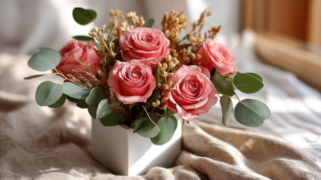 This stunning arrangement features pink roses and lush eucalyptus leaves in a white vase, perfect for brightening any space with elegance and charm.の素材
