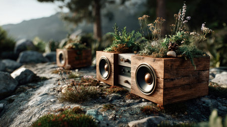 A creative image of rustic wooden speakers featuring small terrarium plants, set against a natural landscape of rocks and greenery, emphasizing harmony.の素材