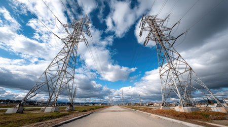 An expansive view showcasing electrical infrastructure with towering power lines stretching against a cielo of dynamic clouds over an open rural road.の素材