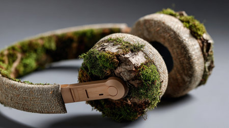 Unique eco-friendly headphones featuring natural elements like moss and bark, perfect for music lovers seeking sustainable and innovative design solutions.の素材