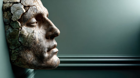 This artwork features a cracked human face sculpture emerging from a wall, exploring themes of fragility and isolation in a minimalist environment.の素材