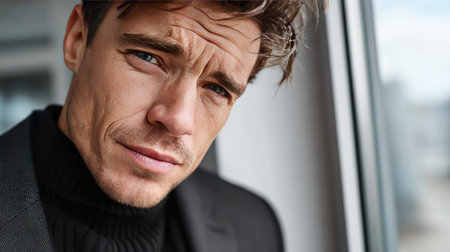 A captivating close-up portrait of a young man in a stylish outfit, showcasing his intense expression and confident demeanor against a modern background.の素材