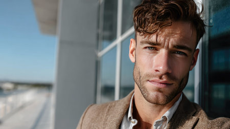 A stylish young man poses confidently outdoors next to contemporary architecture, capturing an air of sophistication and allure in natural light.の素材