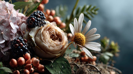 This stunning still life captures an elegant arrangement of flowers and berries, showcasing the beauty of nature in a striking composition ideal for art and decor.の素材
