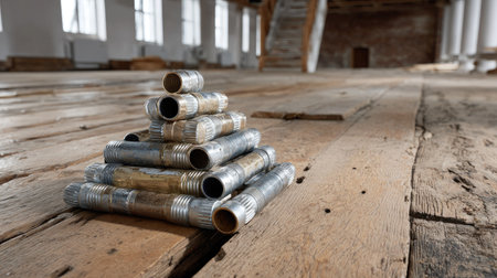 A visually striking stack of metal pipes rests on a weathered wooden floor in an empty industrial space. Natural light streams in, highlighting the rustic interior and craftsmanship, creating an artistic composition that captures the essence of renovation and the beauty of worn materials.の素材