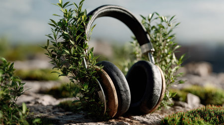 This captivating image features stylish headphones nestled among vibrant green plants on a rocky surface, symbolizing a unique blend of technology and nature. Perfect for music lovers and eco-friendly themes.の素材
