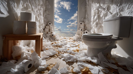 This striking image features a surreal bathroom filled with an overwhelming amount of toilet paper, blending the mundane with expansive clouds.の素材