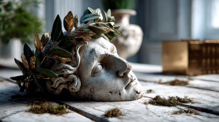 An exquisite ancient Roman sculpture head adorned with a laurel wreath, resting on a rustic wooden table, surrounded by greenery and artistic accents.の素材