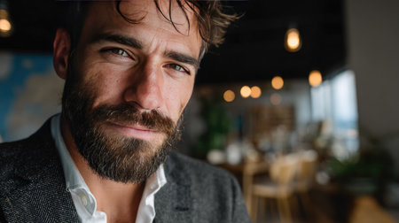 A confident man with a stylish beard smiles warmly in a modern cafe with inviting decor and soft lighting, capturing a relaxed yet professional vibe.の素材