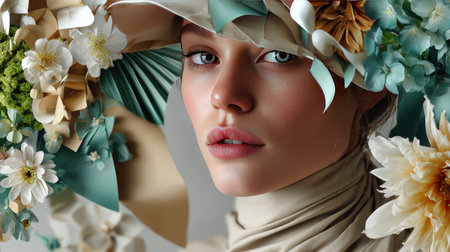 A stunning close-up portrait of a woman adorned with a vibrant floral hat. The delicate makeup and soft features highlight elegance and beauty, capturing artistic essence.の素材