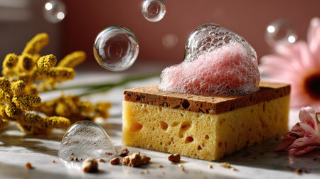 A beautiful arrangement featuring a vibrant sponge cake topped with pink foam, surrounded by soap bubbles and colorful flowers, creating a delightful scene.の素材
